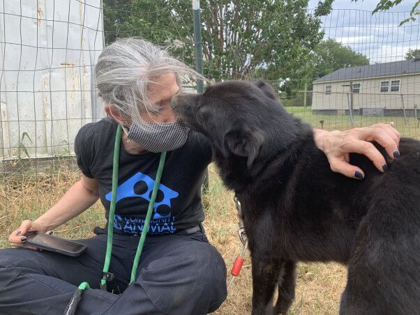 Lab mix Rusty with PETA Senior VP Daphna Nachminovitch