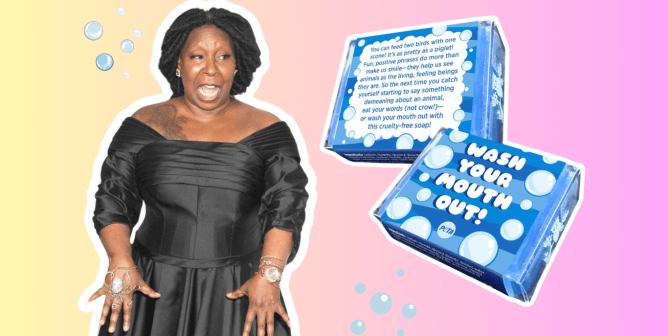 whoopi goldberg and a box of soap from peta